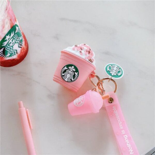 Pink Starbucks with Key Chain AirPods 3rd Generation Protective Silicon Cartoon Case Cover